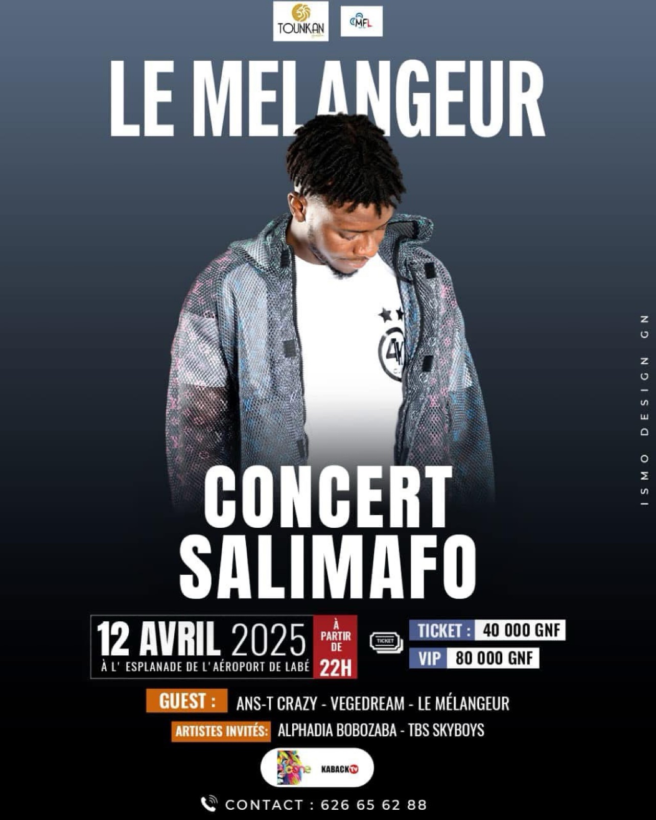 Affiche du Concert Salimafo — 12 avril 2025, esplanade de l’aéroport de Labé ; guests : Ans-T Crazy, Vegedream, Le Mélangeur
