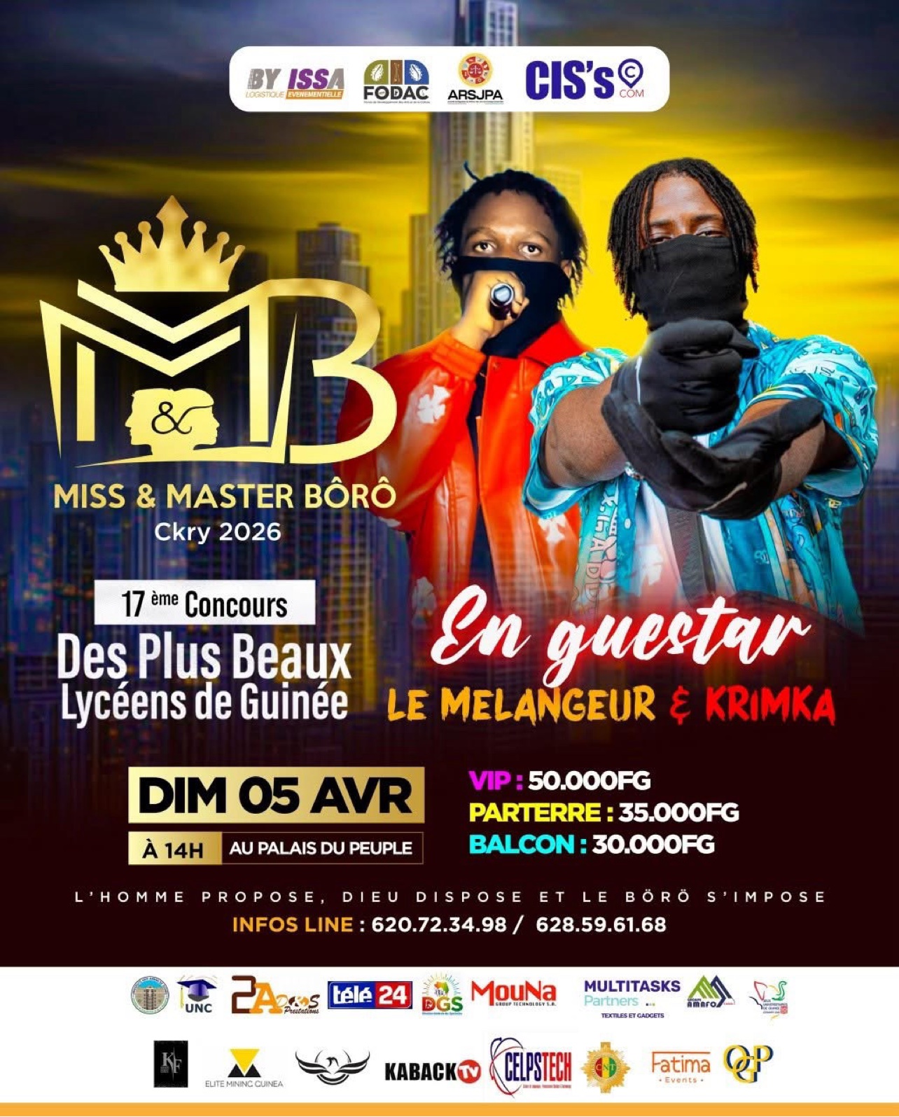 Affiche Miss & Master Bôrô — dimanche 5 avril 2026, Palais du Peuple ; Le Mélangeur guest star, avec Krimka