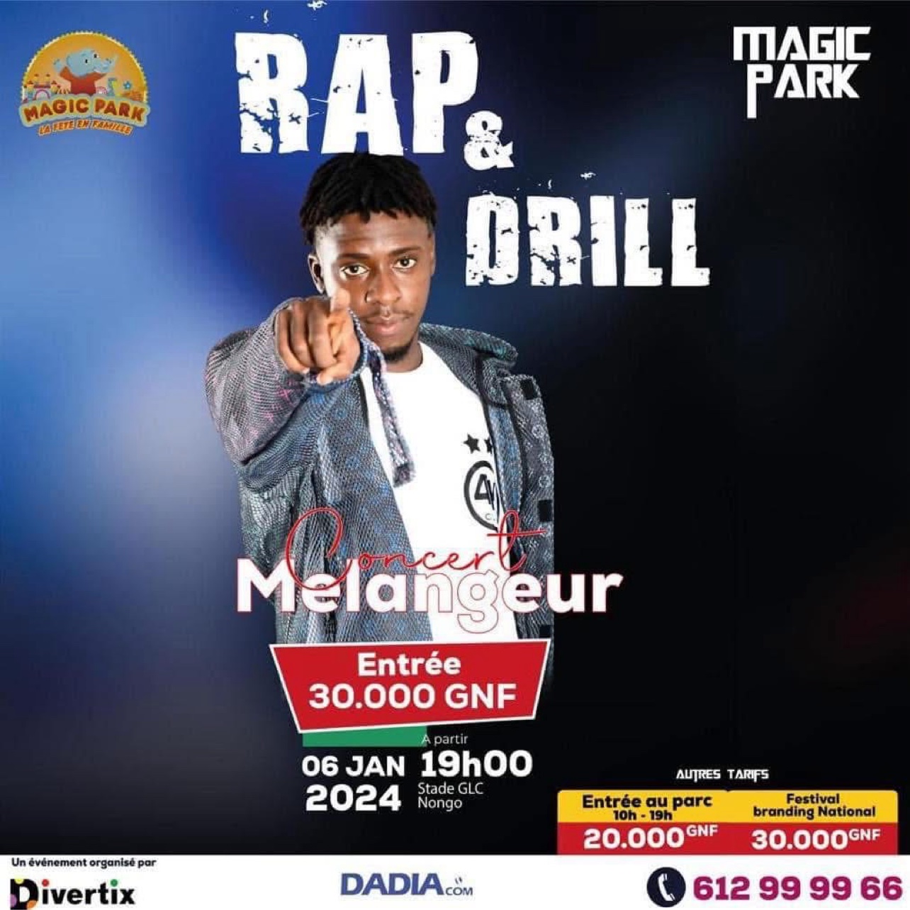 Affiche Rap & Drill, 6 janvier 2024, Magic Park / stade GLC de Nongo