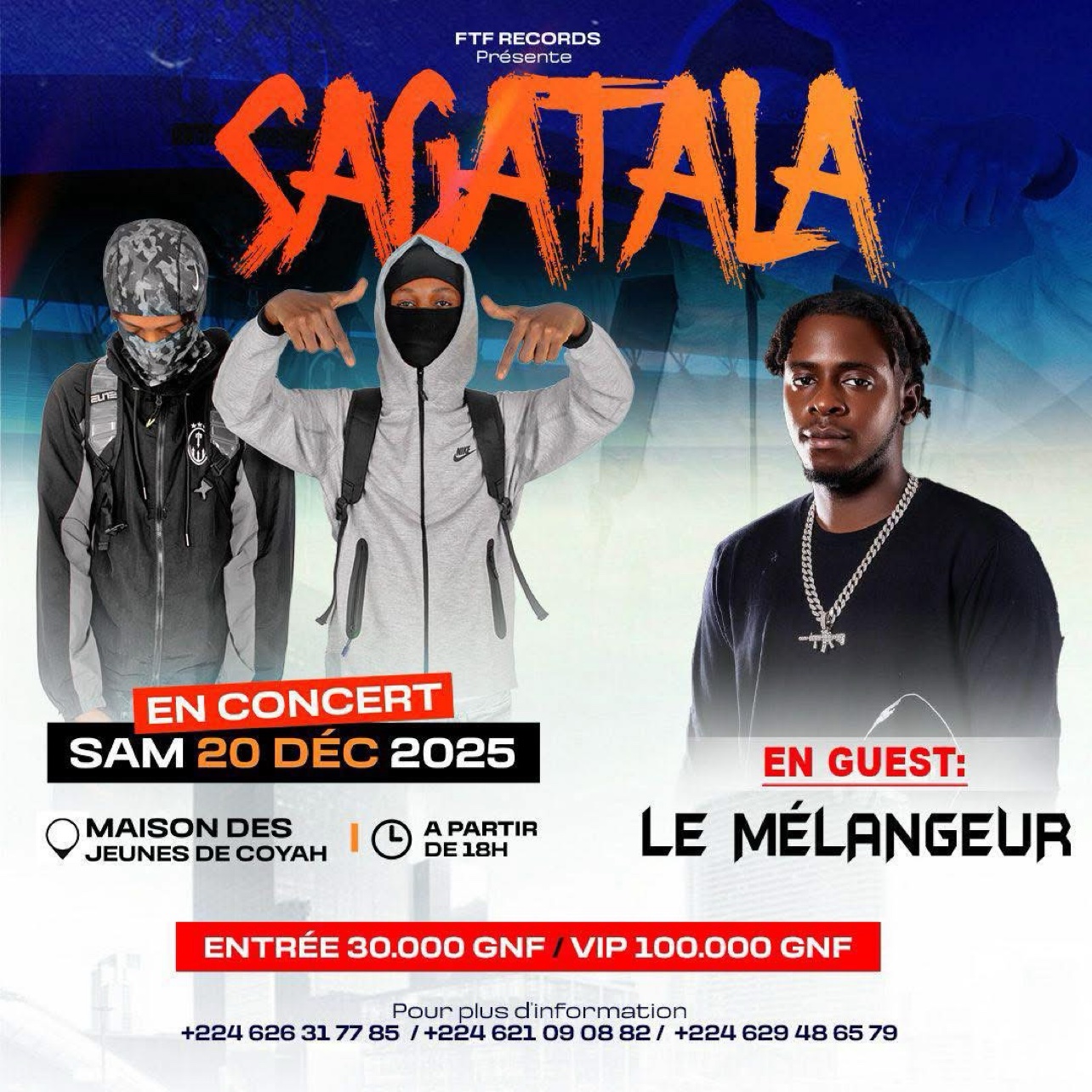 Affiche Sagatala en concert — samedi 20 décembre 2025, Maison des Jeunes de Coyah ; Le Mélangeur en guest