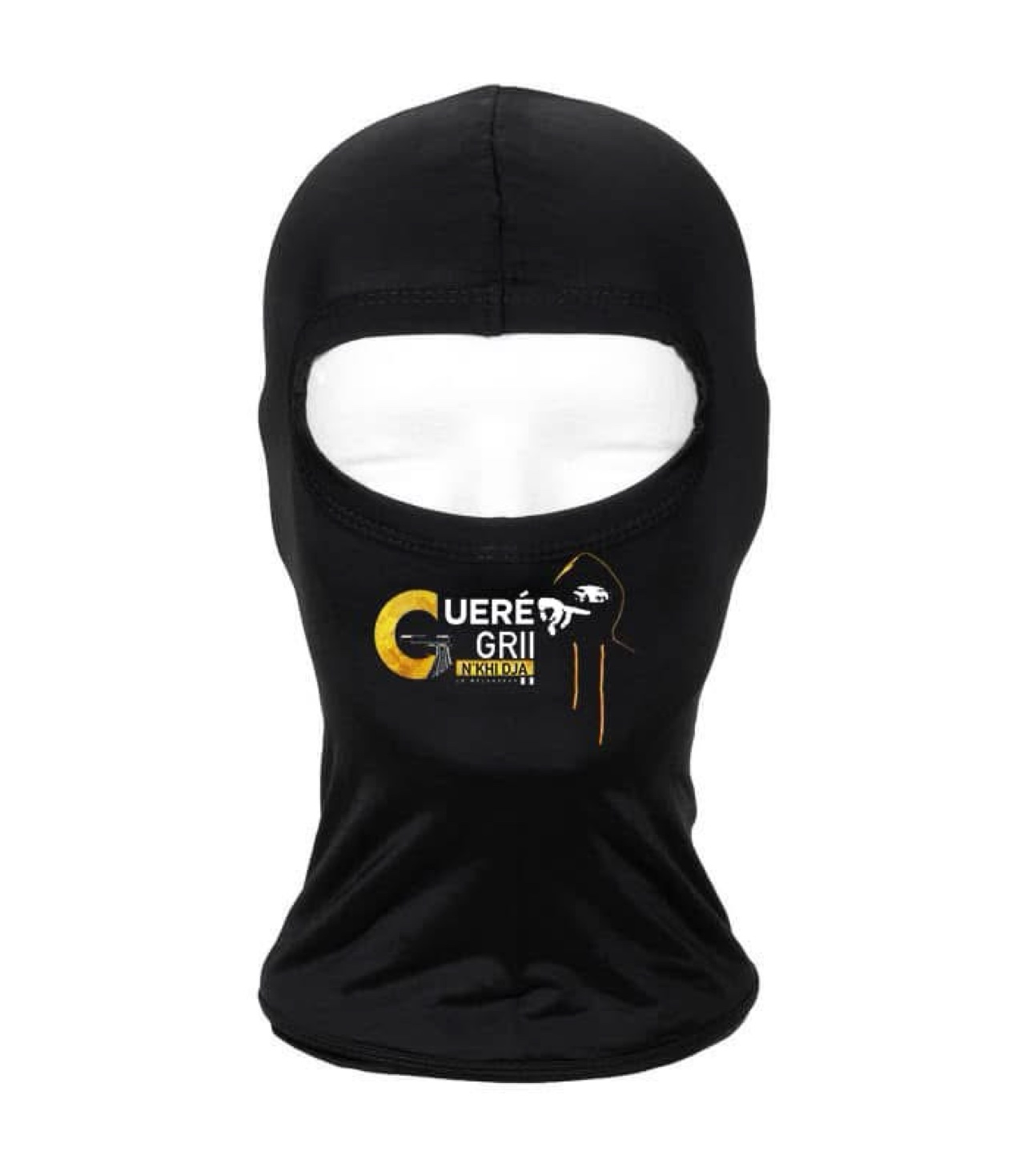 Cagoule noire Le Mélangeur portant son logo, photographiée sur fond blanc