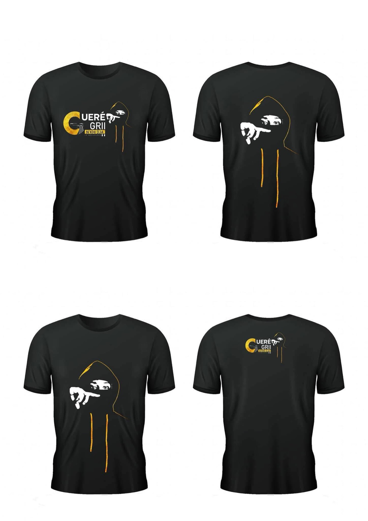 T-shirts noirs du merch officiel « GUERÉ GRII N’KHI DJA » de Le Mélangeur, frappés de son logo, vus de face et de dos
